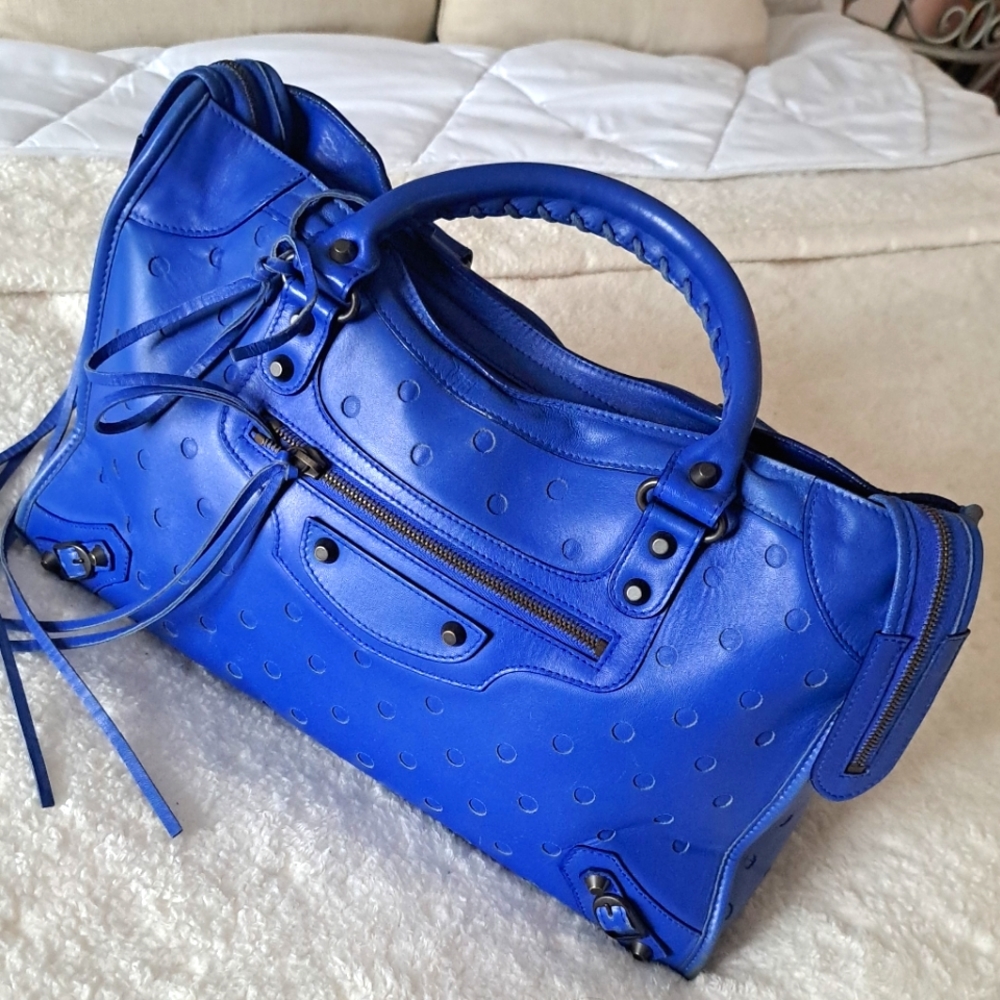 Balenciaga Electric Blue Perforated Lambskin Leather Motorcycle City Bag